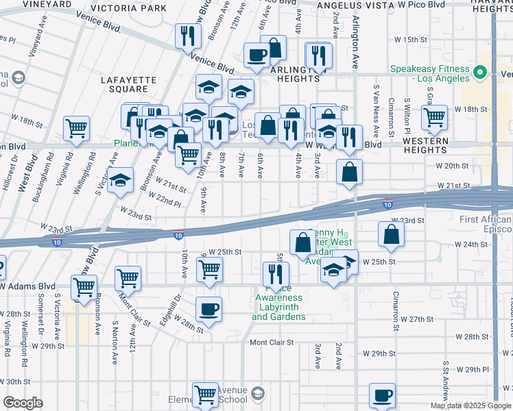 map of restaurants, bars, coffee shops, grocery stores, and more near in Los Angeles