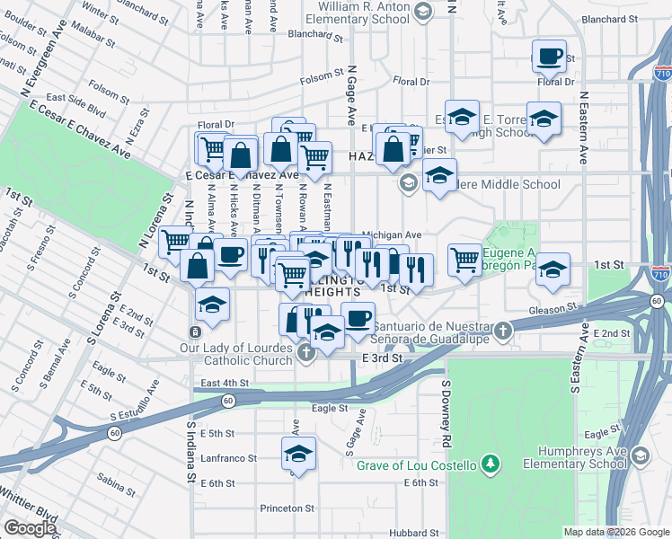 map of restaurants, bars, coffee shops, grocery stores, and more near 126 North Eastman Avenue in Los Angeles