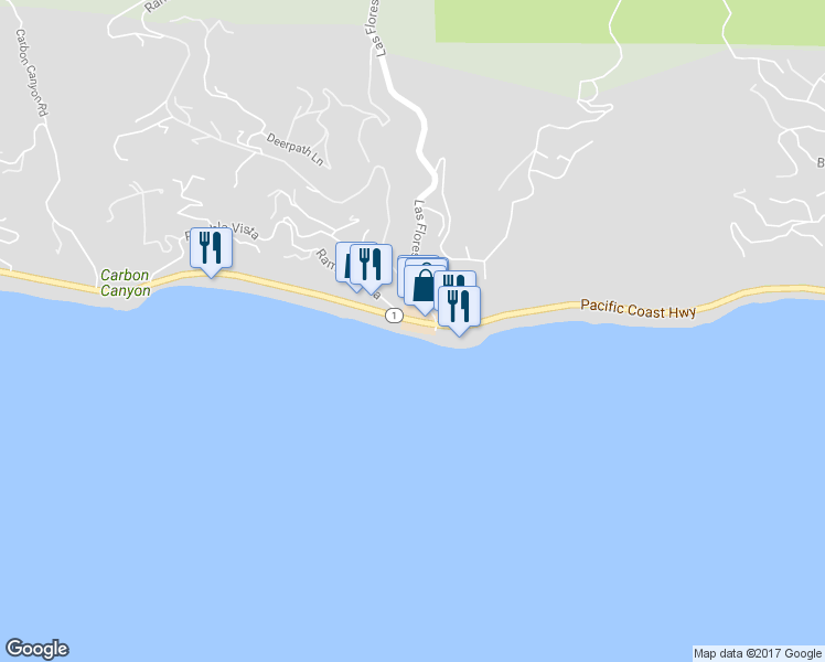 map of restaurants, bars, coffee shops, grocery stores, and more near in Malibu