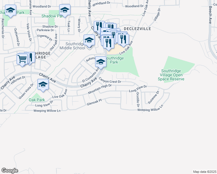 map of restaurants, bars, coffee shops, grocery stores, and more near 14625 Mountain High Drive in Fontana