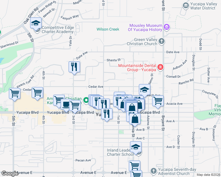 map of restaurants, bars, coffee shops, grocery stores, and more near 34947 Cedar Avenue in Yucaipa