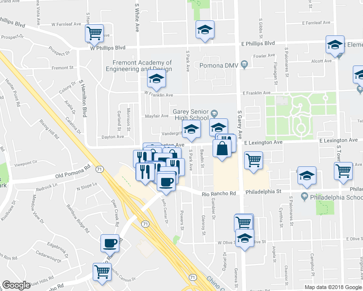 map of restaurants, bars, coffee shops, grocery stores, and more near 550 West Lexington Avenue in Pomona