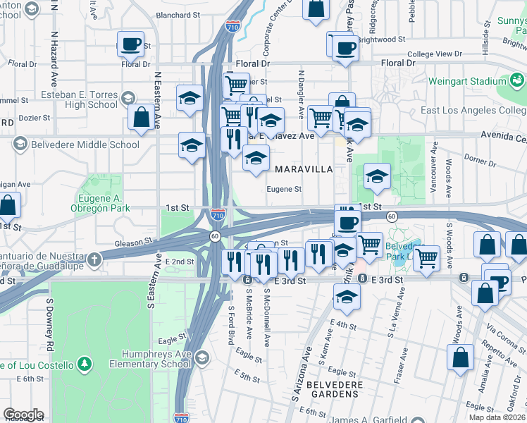map of restaurants, bars, coffee shops, grocery stores, and more near 4558 1st Street in East Los Angeles