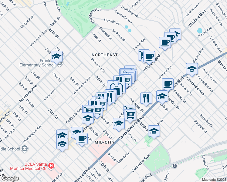 map of restaurants, bars, coffee shops, grocery stores, and more near 1133 26th Street in Santa Monica
