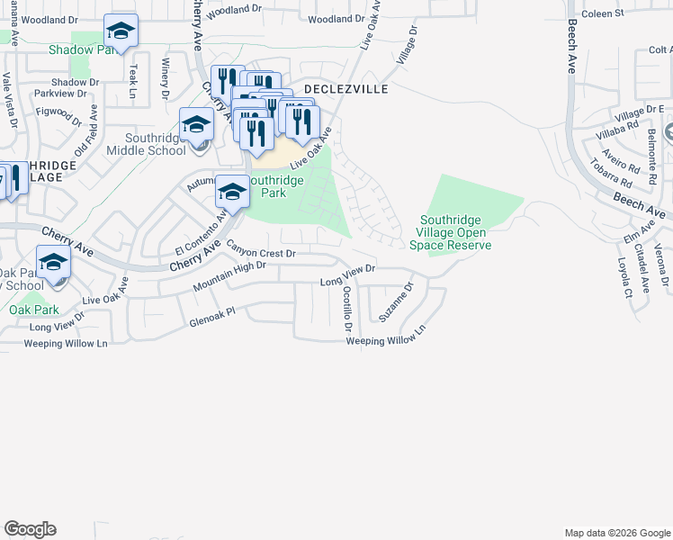 map of restaurants, bars, coffee shops, grocery stores, and more near 14791 Mountain High Drive in Fontana