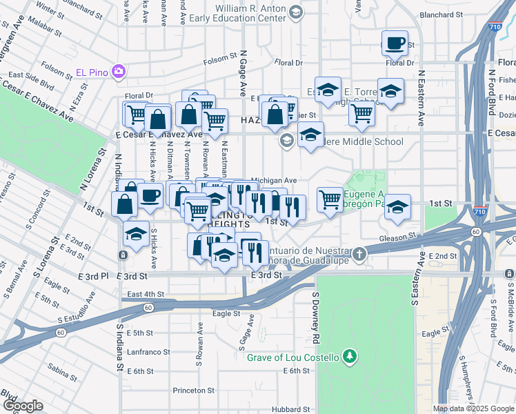 map of restaurants, bars, coffee shops, grocery stores, and more near 127 North Herbert Avenue in Los Angeles