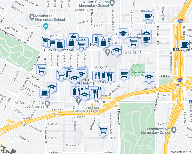 map of restaurants, bars, coffee shops, grocery stores, and more near 127 North Herbert Avenue in Los Angeles