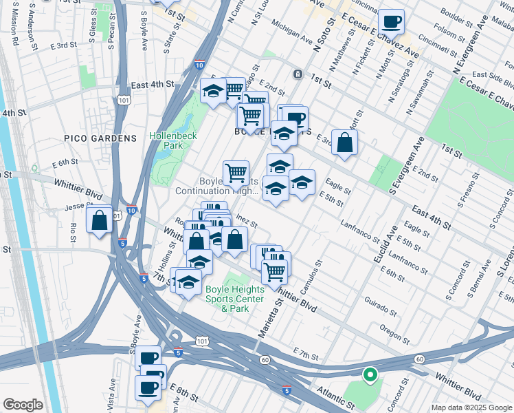 map of restaurants, bars, coffee shops, grocery stores, and more near 2510 East 6th Street in Los Angeles