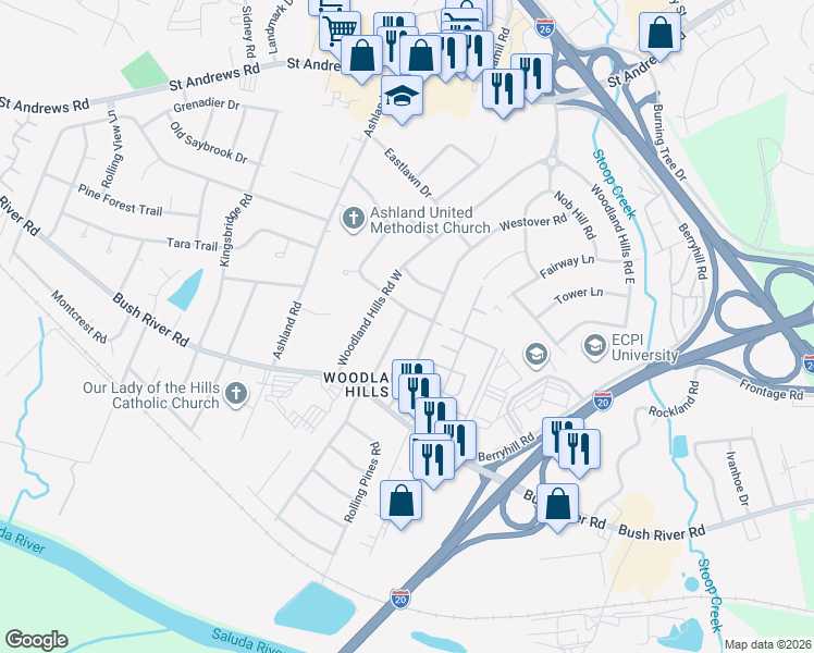 map of restaurants, bars, coffee shops, grocery stores, and more near 537 Westlawn Road in Columbia