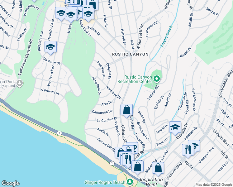 map of restaurants, bars, coffee shops, grocery stores, and more near 501 Toyopa Drive in Los Angeles