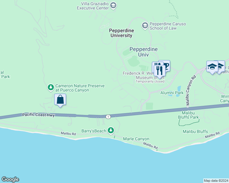 map of restaurants, bars, coffee shops, grocery stores, and more near 24728 Vantage Point Terrace in Malibu