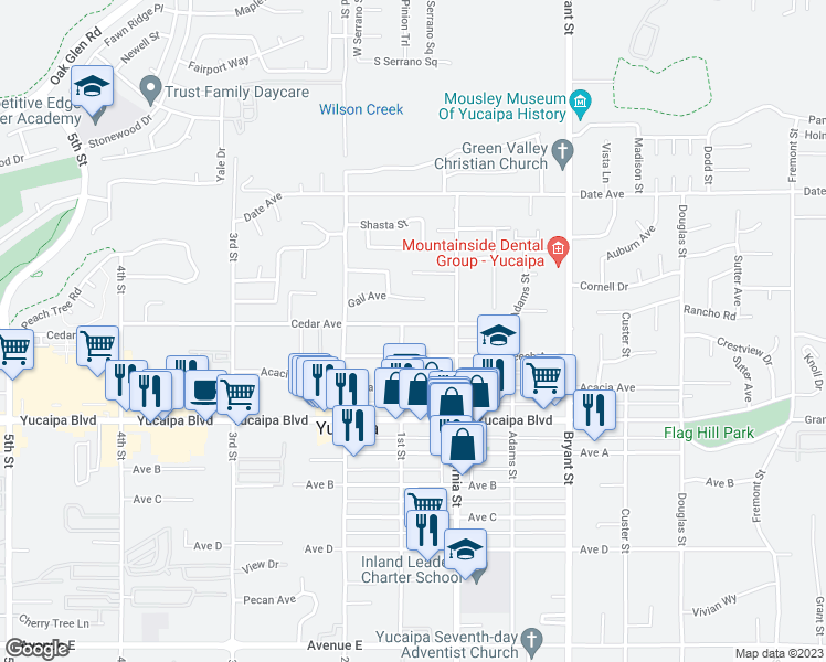 map of restaurants, bars, coffee shops, grocery stores, and more near 35023 Cedar Avenue in Yucaipa