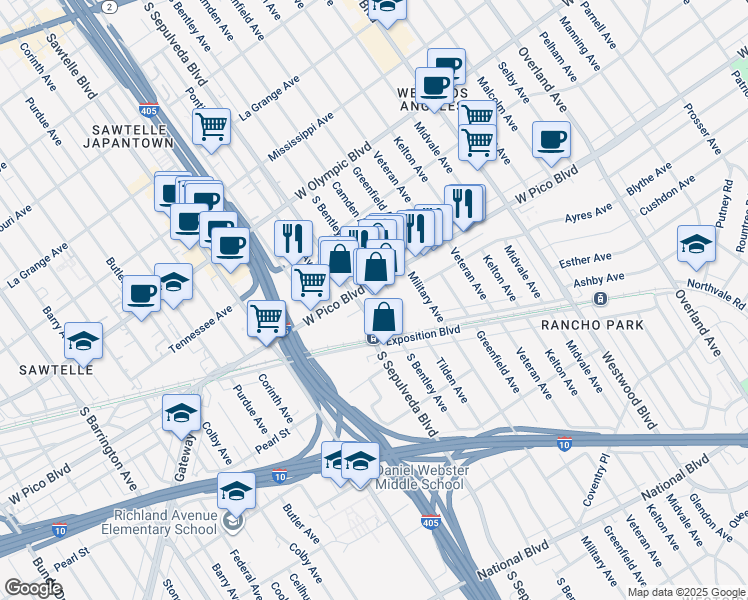 map of restaurants, bars, coffee shops, grocery stores, and more near 11060 West Pico Boulevard in Los Angeles