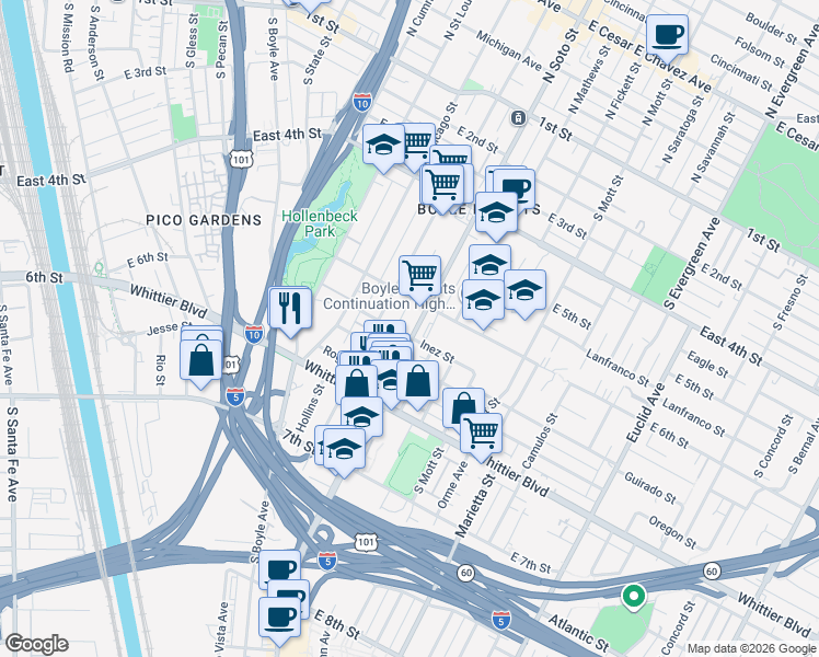 map of restaurants, bars, coffee shops, grocery stores, and more near 627 South Soto Street in Los Angeles