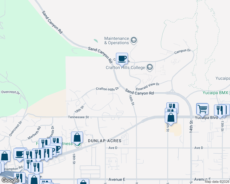 map of restaurants, bars, coffee shops, grocery stores, and more near 31988 Oak Wood Circle in Yucaipa