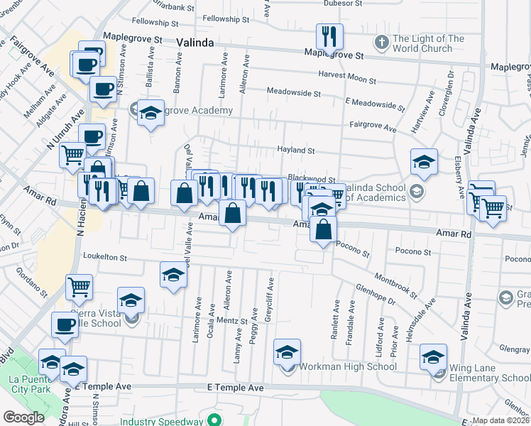 map of restaurants, bars, coffee shops, grocery stores, and more near 15859 Amar Road in La Puente