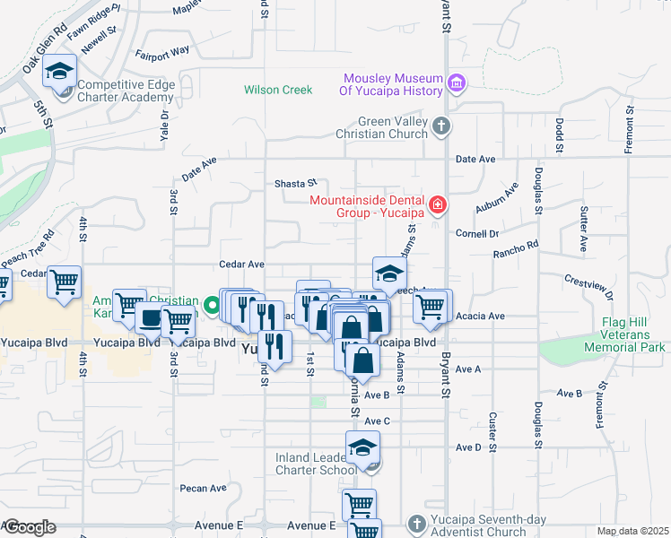 map of restaurants, bars, coffee shops, grocery stores, and more near 35055 Cedar Avenue in Yucaipa