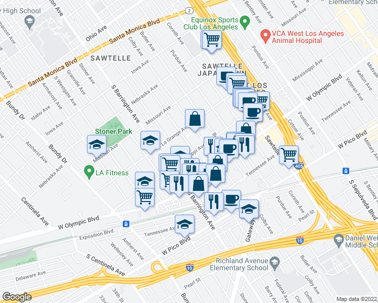 map of restaurants, bars, coffee shops, grocery stores, and more near 11603 Mississippi Avenue in Los Angeles