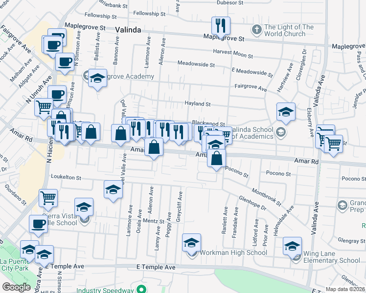 map of restaurants, bars, coffee shops, grocery stores, and more near 15859 Amar Road in La Puente