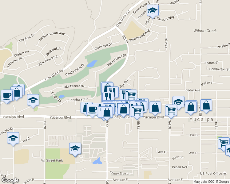map of restaurants, bars, coffee shops, grocery stores, and more near 34350 Cedar Avenue in Yucaipa