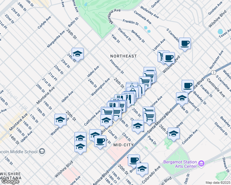map of restaurants, bars, coffee shops, grocery stores, and more near 2445 California Avenue in Santa Monica