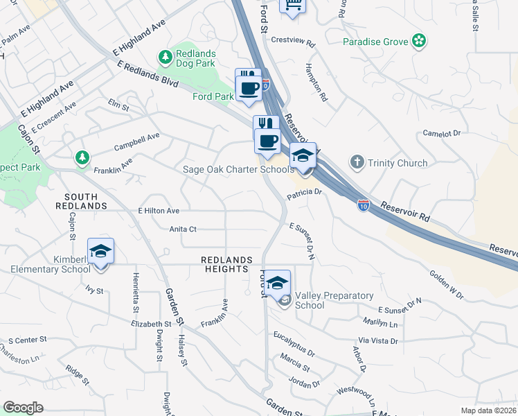 map of restaurants, bars, coffee shops, grocery stores, and more near 221 East Sunset Drive North in Redlands