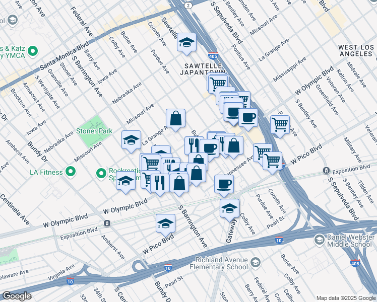 map of restaurants, bars, coffee shops, grocery stores, and more near 2117 Colby Avenue in Los Angeles