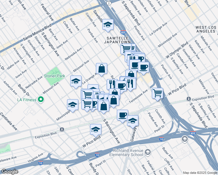 map of restaurants, bars, coffee shops, grocery stores, and more near 2117 Colby Avenue in Los Angeles