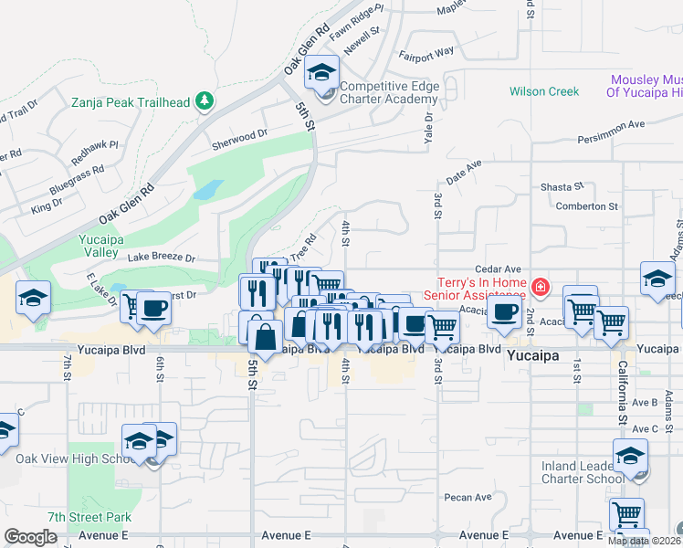 map of restaurants, bars, coffee shops, grocery stores, and more near 34484 Cedar Avenue in Yucaipa