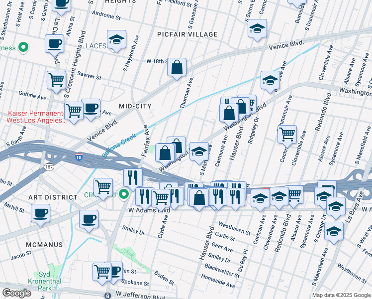 map of restaurants, bars, coffee shops, grocery stores, and more near 5556 Washington Boulevard in Los Angeles