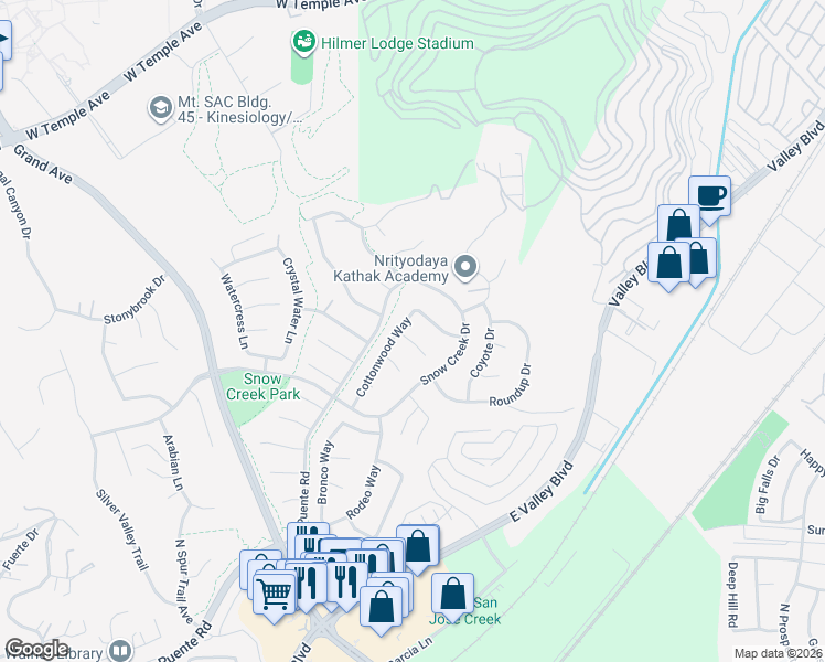 map of restaurants, bars, coffee shops, grocery stores, and more near 2180 Arbor Court in Walnut