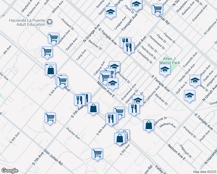map of restaurants, bars, coffee shops, grocery stores, and more near 14637 Nelson Avenue East in La Puente