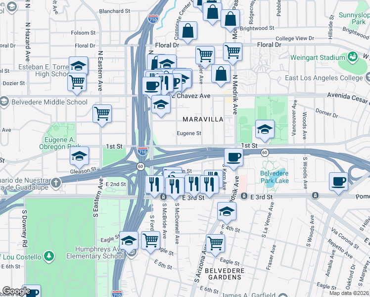 map of restaurants, bars, coffee shops, grocery stores, and more near 4558 East 1st Street in East Los Angeles
