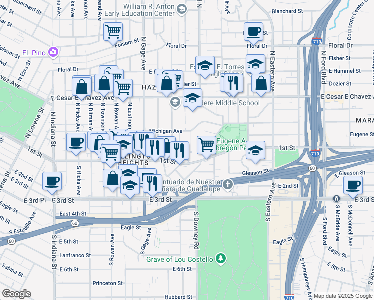 map of restaurants, bars, coffee shops, grocery stores, and more near 120 North Bonnie Beach Place in Los Angeles