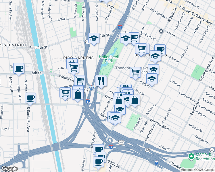 map of restaurants, bars, coffee shops, grocery stores, and more near 721 South Chicago Street in Los Angeles