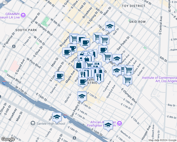 map of restaurants, bars, coffee shops, grocery stores, and more near 1022 San Julian Street in Los Angeles