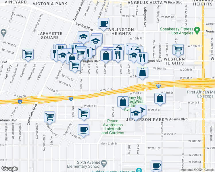 map of restaurants, bars, coffee shops, grocery stores, and more near 2217 5th Avenue in Los Angeles