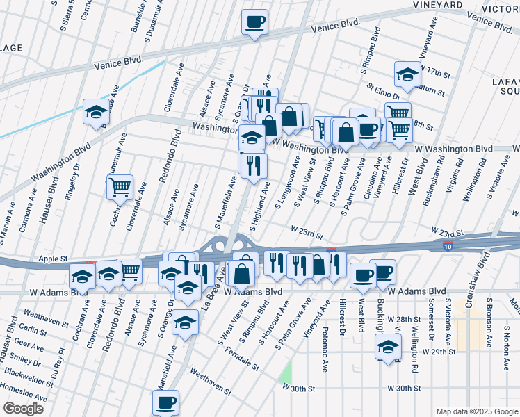 map of restaurants, bars, coffee shops, grocery stores, and more near 2303 South Highland Avenue in Los Angeles