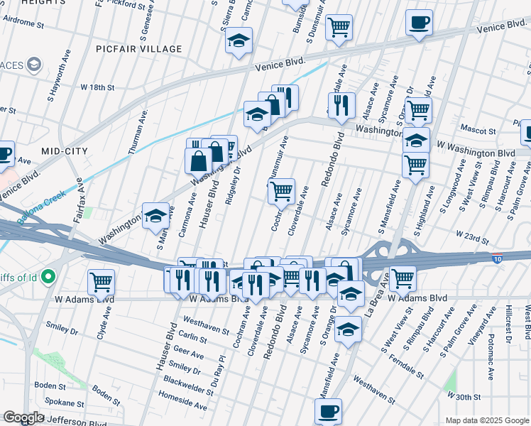map of restaurants, bars, coffee shops, grocery stores, and more near 2324 South Dunsmuir Avenue in Los Angeles
