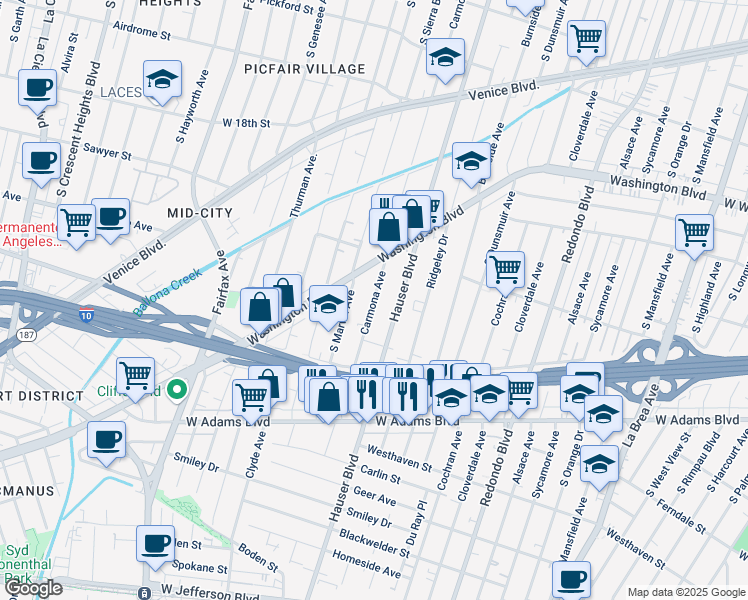 map of restaurants, bars, coffee shops, grocery stores, and more near 2226 Carmona Avenue in Los Angeles
