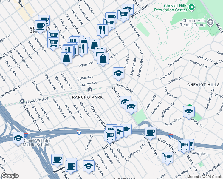 map of restaurants, bars, coffee shops, grocery stores, and more near 2660 Malcolm Avenue in Los Angeles