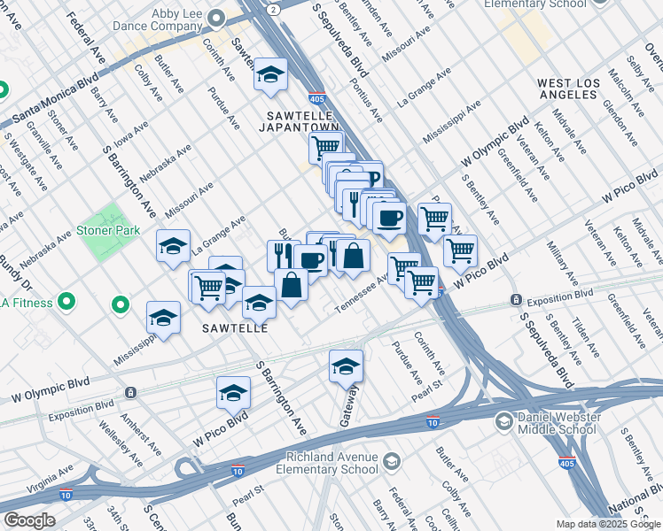 map of restaurants, bars, coffee shops, grocery stores, and more near 11400 West Olympic Boulevard in Los Angeles