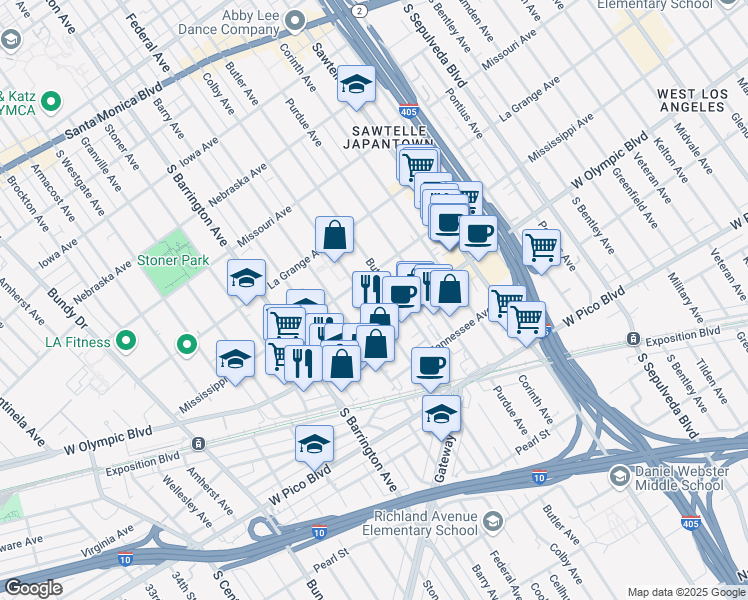 map of restaurants, bars, coffee shops, grocery stores, and more near 2125 Colby Avenue in Los Angeles