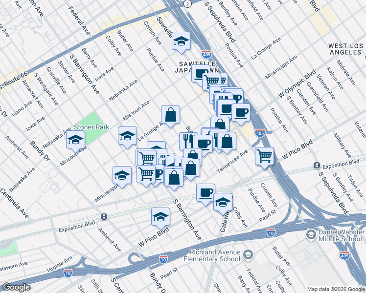 map of restaurants, bars, coffee shops, grocery stores, and more near 2125 Colby Avenue in Los Angeles