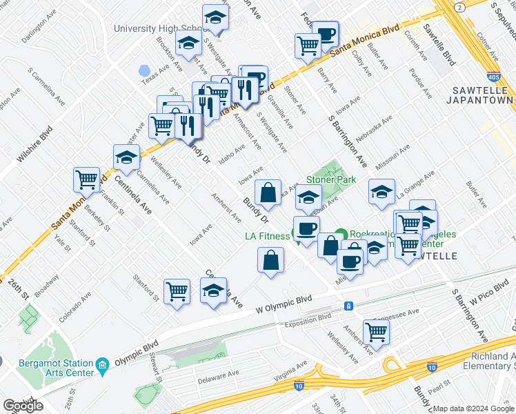 map of restaurants, bars, coffee shops, grocery stores, and more near 1808 South Bundy Drive in Los Angeles
