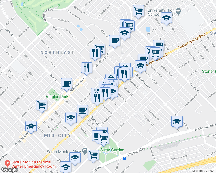 map of restaurants, bars, coffee shops, grocery stores, and more near 1341 Yale Street in Santa Monica