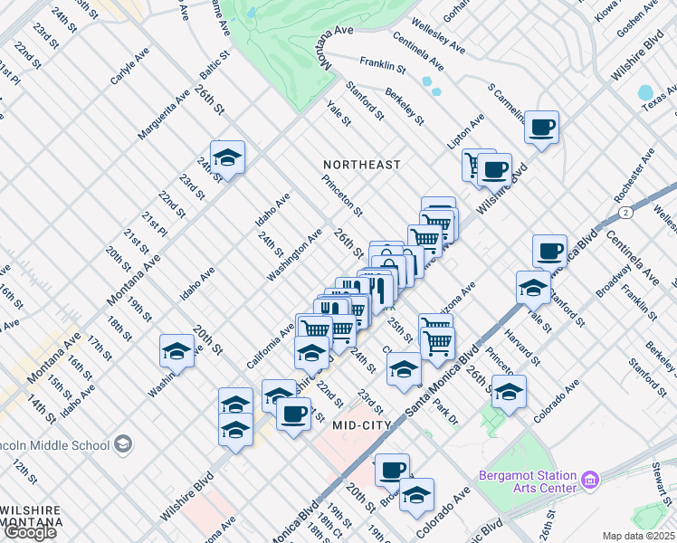 map of restaurants, bars, coffee shops, grocery stores, and more near 2445 California Avenue in Santa Monica