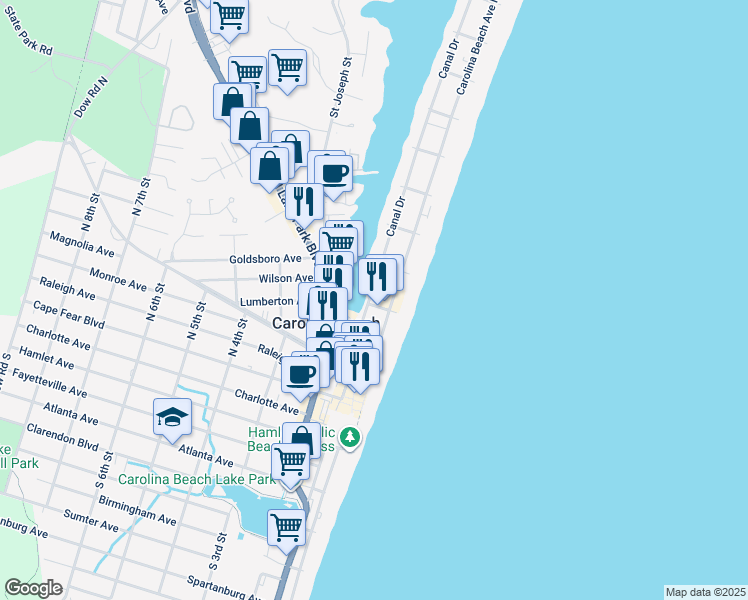 map of restaurants, bars, coffee shops, grocery stores, and more near 104 Carl Winner Drive in Carolina Beach