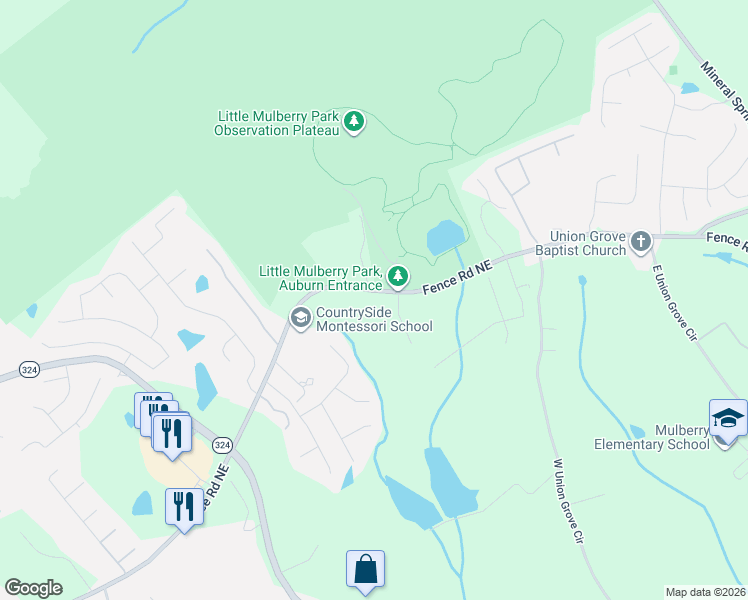 map of restaurants, bars, coffee shops, grocery stores, and more near 3802 Fence Road Northeast in Auburn