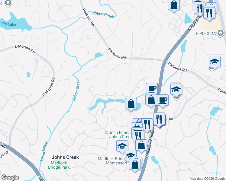 map of restaurants, bars, coffee shops, grocery stores, and more near 800 Lake Manor Close in Alpharetta